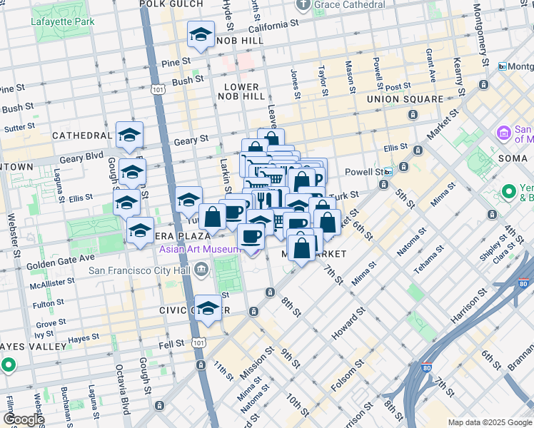 map of restaurants, bars, coffee shops, grocery stores, and more near 277 Golden Gate Avenue in San Francisco