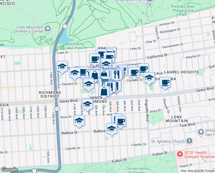 map of restaurants, bars, coffee shops, grocery stores, and more near 327 6th Avenue in San Francisco