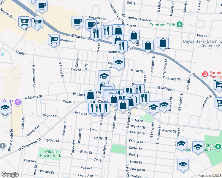 map of restaurants, bars, coffee shops, grocery stores, and more near 211 North Jefferson Street in Farmington