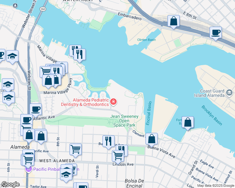 map of restaurants, bars, coffee shops, grocery stores, and more near 1115 Atlantic Avenue in Alameda