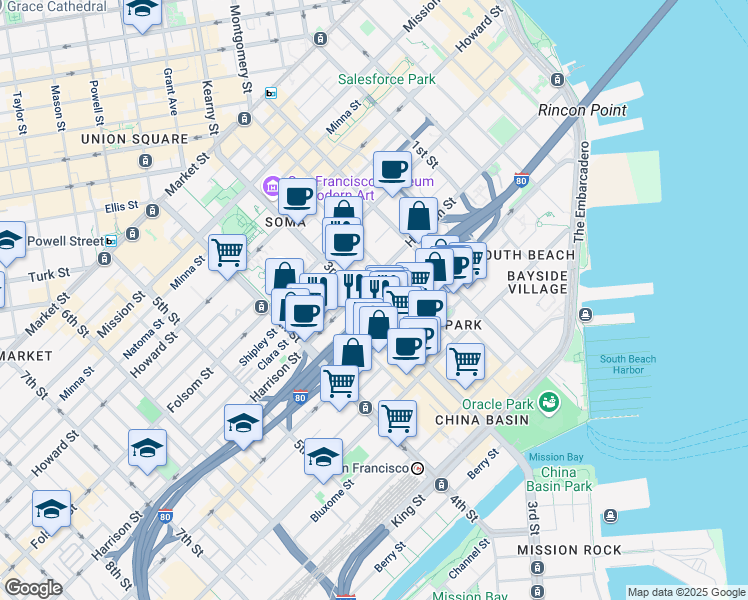 map of restaurants, bars, coffee shops, grocery stores, and more near 126 Perry Street in San Francisco