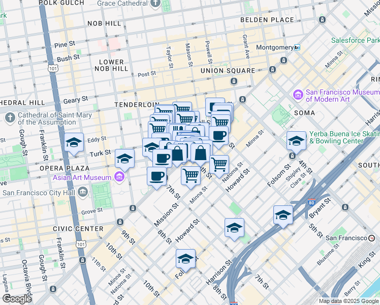 map of restaurants, bars, coffee shops, grocery stores, and more near 1005 Market Street in San Francisco