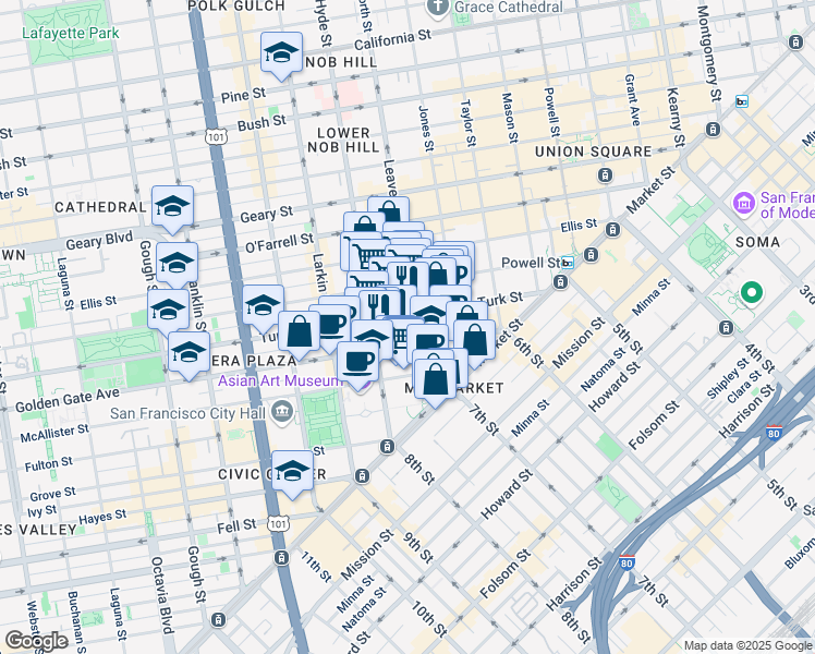 map of restaurants, bars, coffee shops, grocery stores, and more near in San Francisco