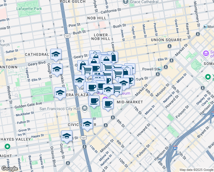 map of restaurants, bars, coffee shops, grocery stores, and more near 510 Larkin Street in San Francisco