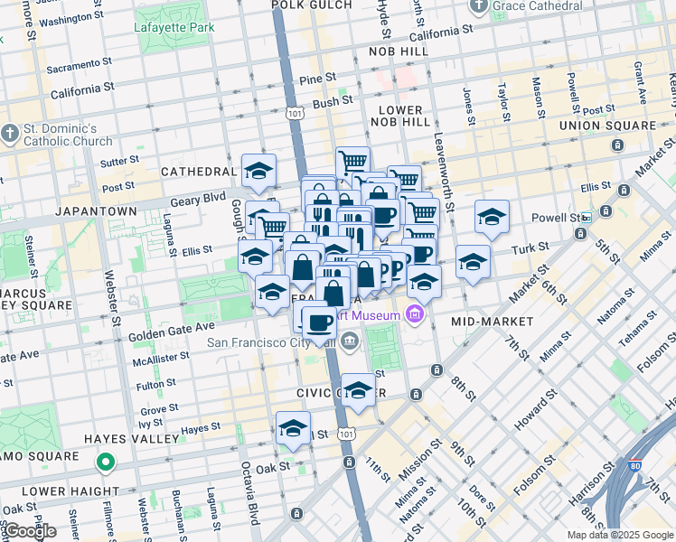 map of restaurants, bars, coffee shops, grocery stores, and more near 835 Turk Street in San Francisco