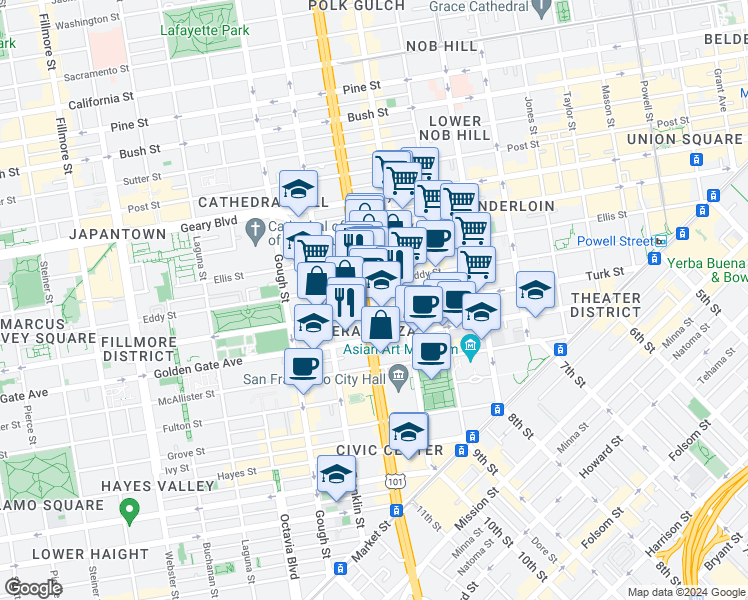 map of restaurants, bars, coffee shops, grocery stores, and more near 701 Van Ness Avenue in San Francisco