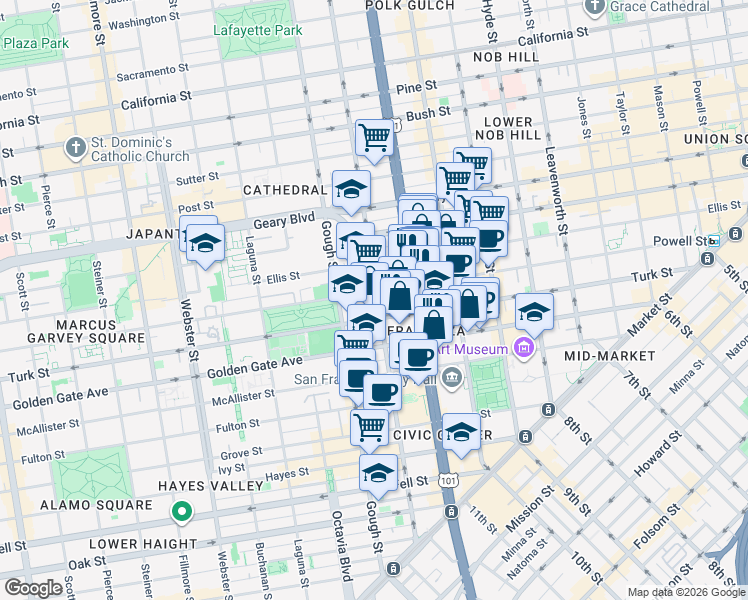 map of restaurants, bars, coffee shops, grocery stores, and more near 807 Franklin Street in San Francisco