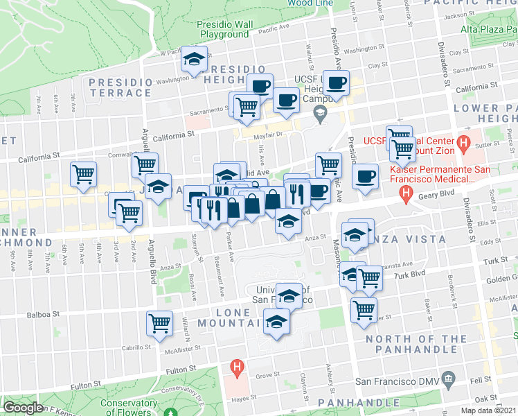 map of restaurants, bars, coffee shops, grocery stores, and more near in San Francisco