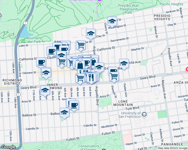 map of restaurants, bars, coffee shops, grocery stores, and more near 3732 Geary Boulevard in San Francisco