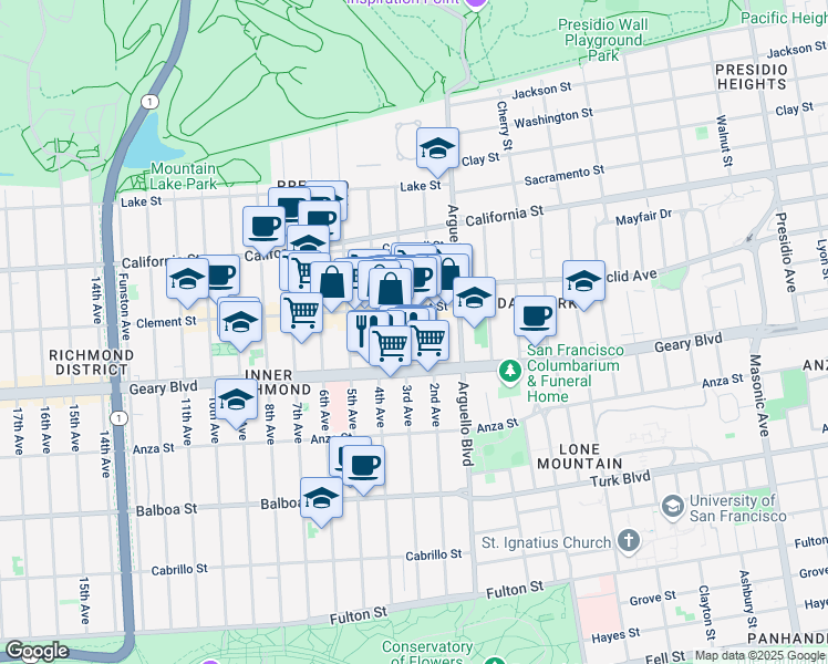 map of restaurants, bars, coffee shops, grocery stores, and more near 361 3rd Avenue in San Francisco