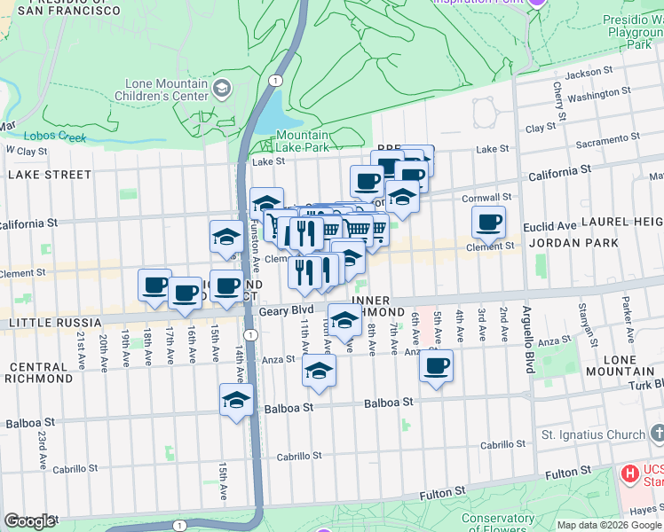 map of restaurants, bars, coffee shops, grocery stores, and more near 337 10th Avenue in San Francisco
