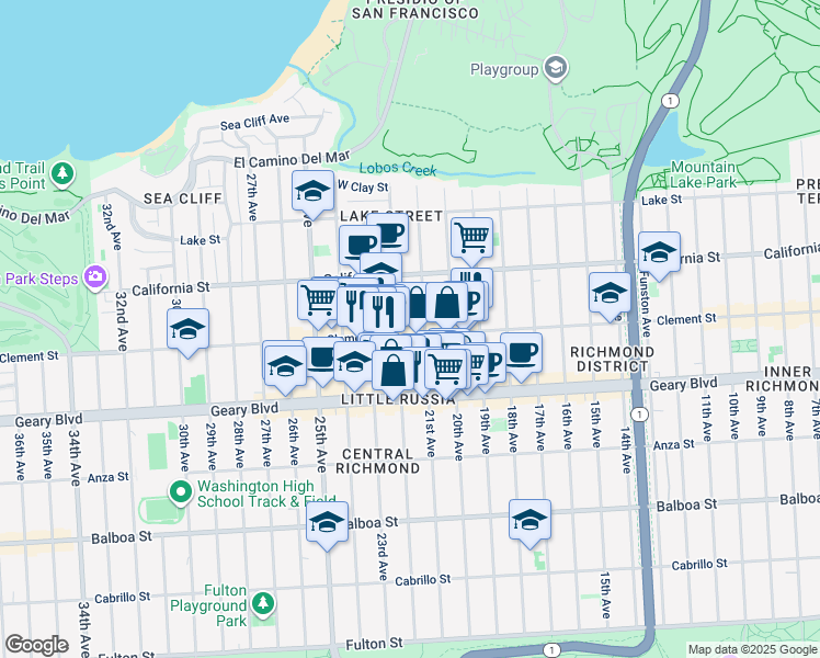 map of restaurants, bars, coffee shops, grocery stores, and more near in San Francisco