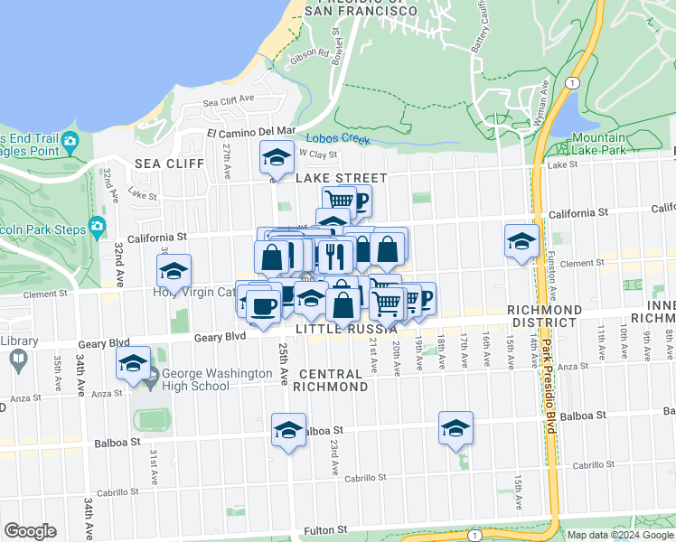 map of restaurants, bars, coffee shops, grocery stores, and more near 2147 Clement Street in San Francisco