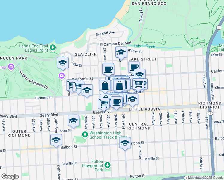 map of restaurants, bars, coffee shops, grocery stores, and more near 396 27th Avenue in San Francisco