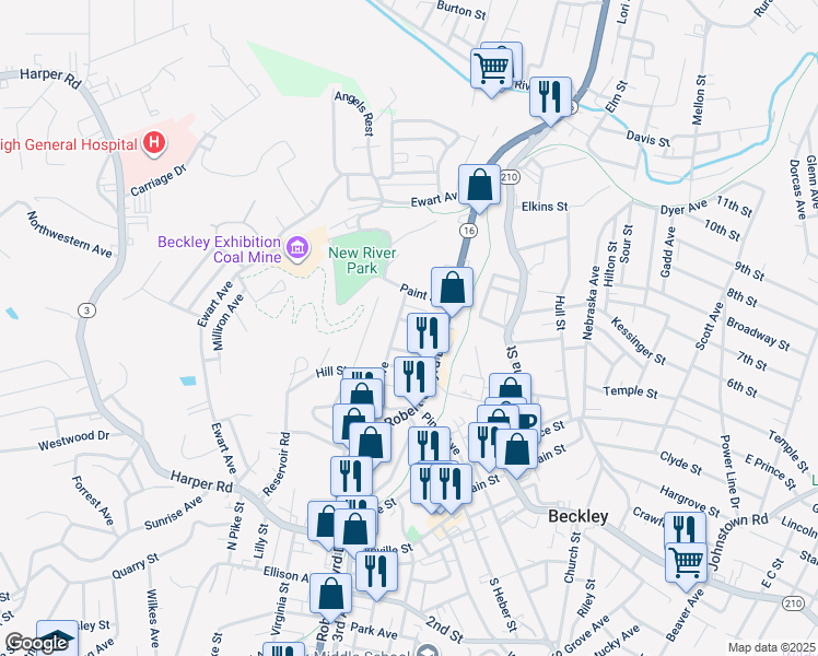 map of restaurants, bars, coffee shops, grocery stores, and more near 103 Johnston Street in Beckley