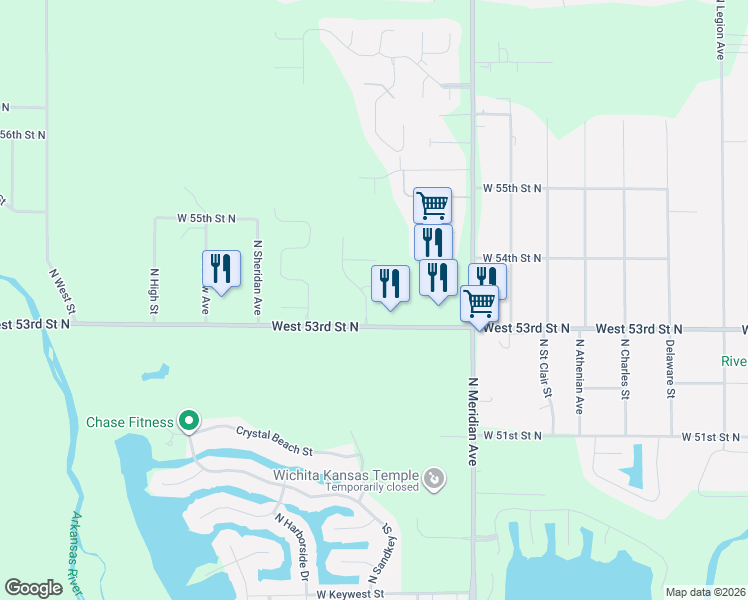 map of restaurants, bars, coffee shops, grocery stores, and more near 2894-3198 West 53rd Street North in Wichita