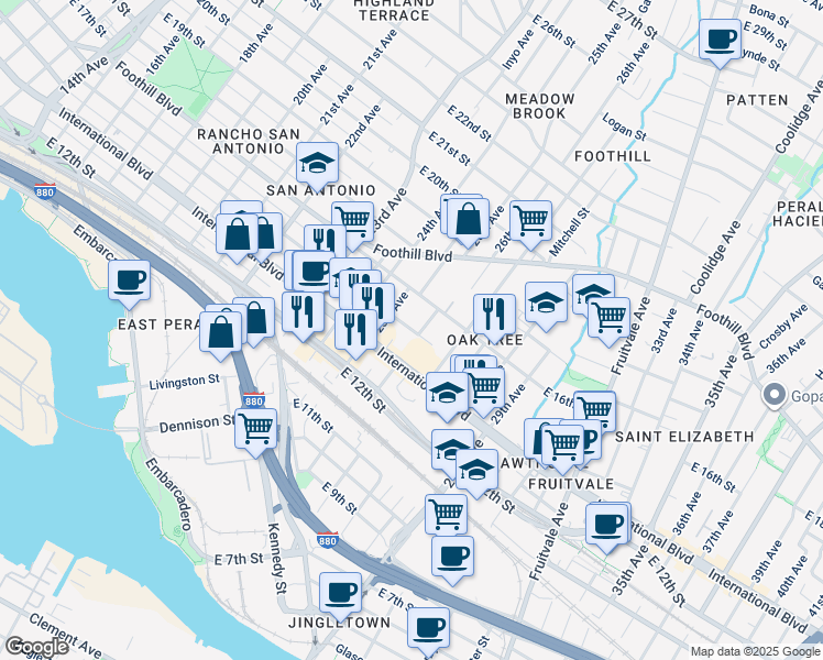 map of restaurants, bars, coffee shops, grocery stores, and more near 2543 East 15th Street in Oakland