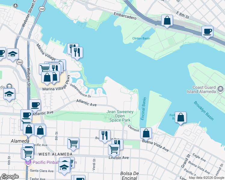 map of restaurants, bars, coffee shops, grocery stores, and more near 1100 Pacific Marina in Alameda