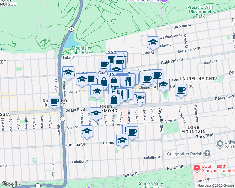 map of restaurants, bars, coffee shops, grocery stores, and more near 319 6th Avenue in San Francisco