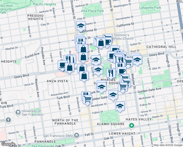 map of restaurants, bars, coffee shops, grocery stores, and more near 1365 Scott Street in San Francisco