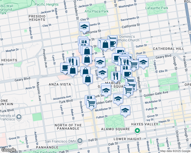 map of restaurants, bars, coffee shops, grocery stores, and more near 1365 Scott Street in San Francisco