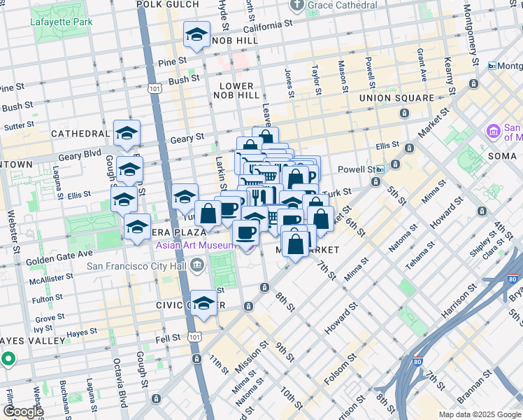 map of restaurants, bars, coffee shops, grocery stores, and more near 381 Turk Street in San Francisco