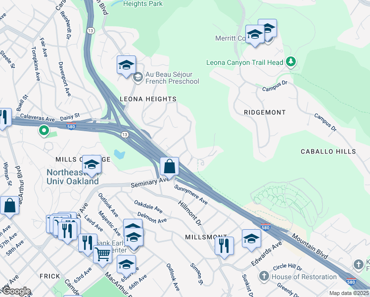 map of restaurants, bars, coffee shops, grocery stores, and more near 4125 Kuhnle Avenue in Oakland