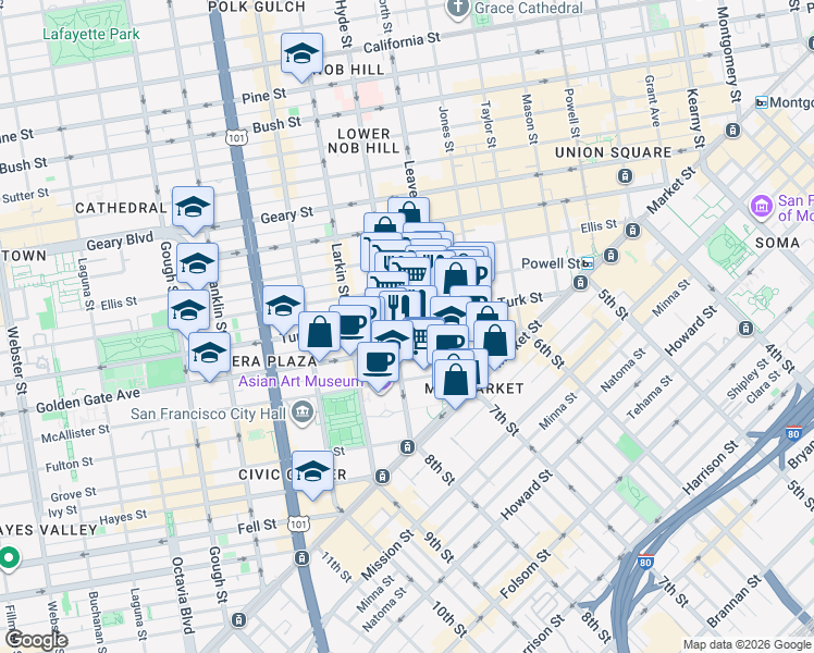 map of restaurants, bars, coffee shops, grocery stores, and more near in San Francisco