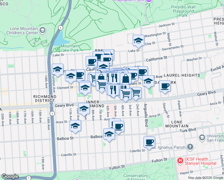 map of restaurants, bars, coffee shops, grocery stores, and more near in San Francisco