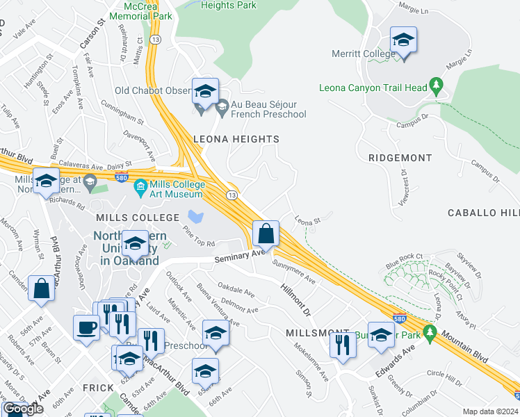map of restaurants, bars, coffee shops, grocery stores, and more near 4101 Mountain View Avenue in Oakland
