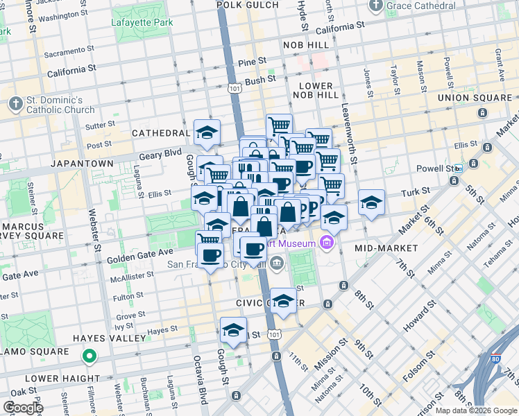 map of restaurants, bars, coffee shops, grocery stores, and more near 701 Van Ness Avenue in San Francisco