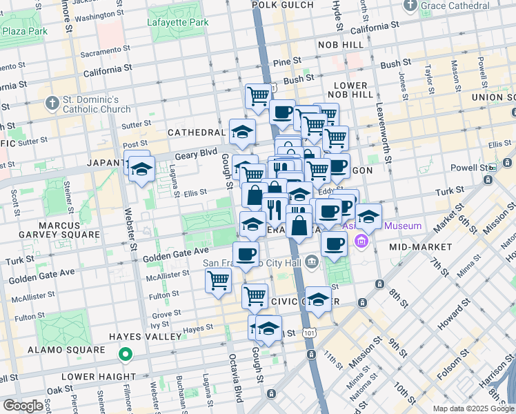 map of restaurants, bars, coffee shops, grocery stores, and more near 885 Franklin St in San Francisco