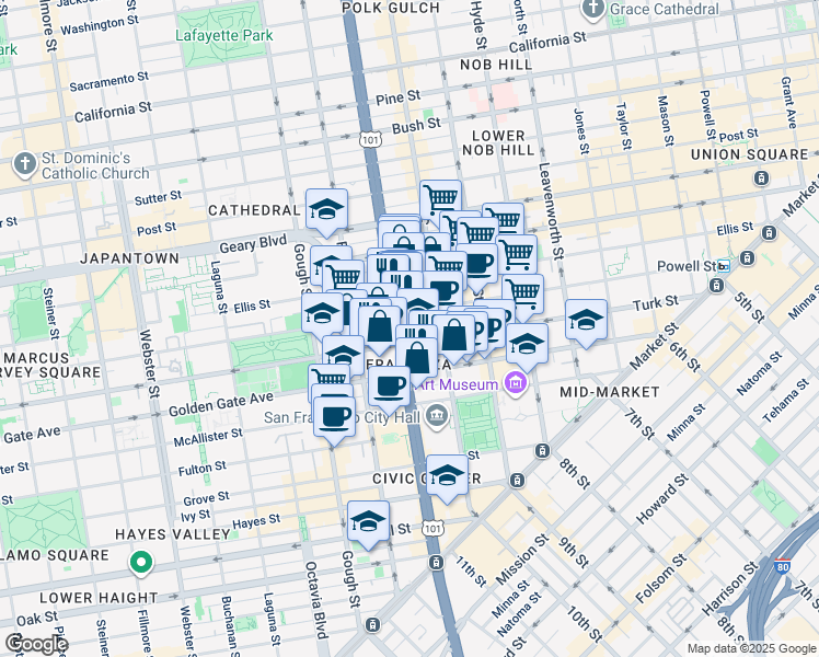 map of restaurants, bars, coffee shops, grocery stores, and more near 750 Van Ness Avenue in San Francisco