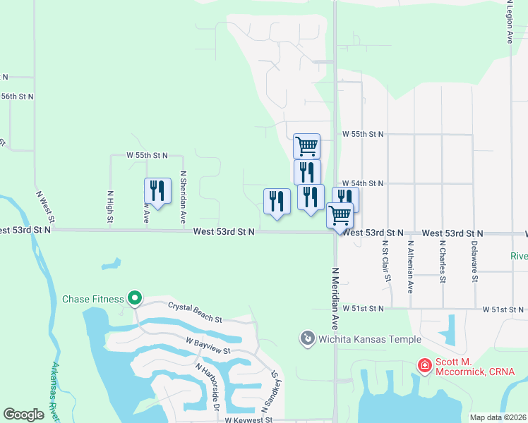 map of restaurants, bars, coffee shops, grocery stores, and more near 2894-3198 West 53rd Street North in Wichita
