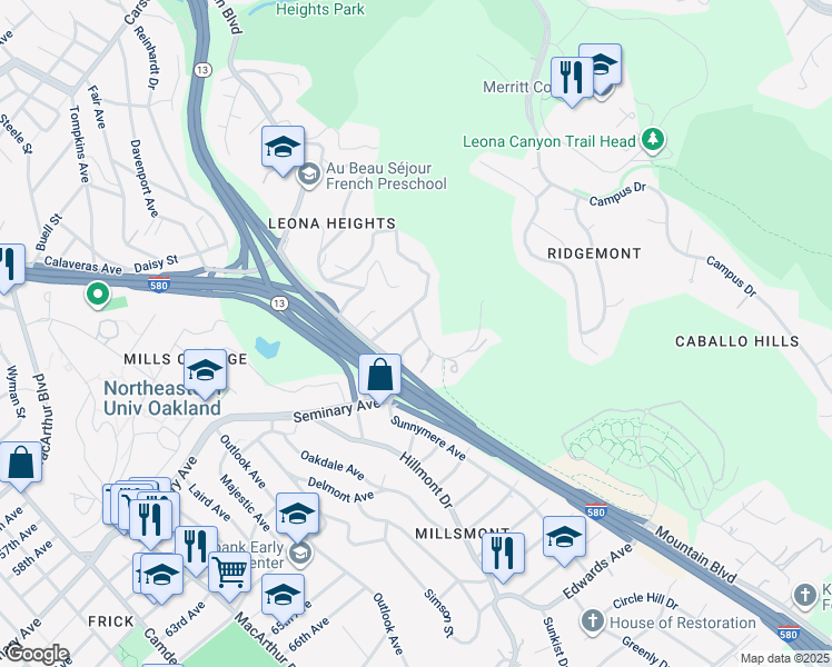map of restaurants, bars, coffee shops, grocery stores, and more near 4125 Kuhnle Avenue in Oakland