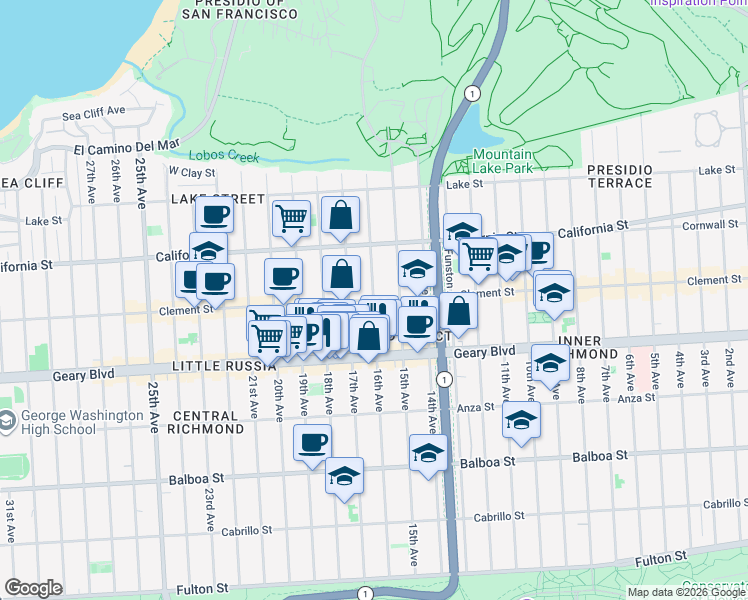 map of restaurants, bars, coffee shops, grocery stores, and more near 16th Ave & Clement St in San Francisco