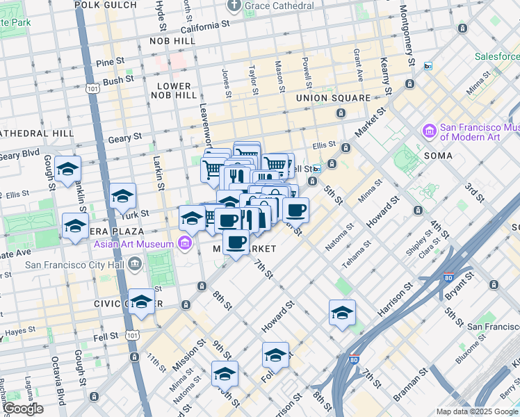 map of restaurants, bars, coffee shops, grocery stores, and more near 48 Golden Gate Avenue in San Francisco
