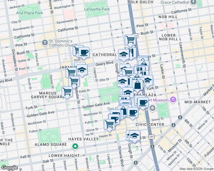 map of restaurants, bars, coffee shops, grocery stores, and more near Eddy Street in San Francisco
