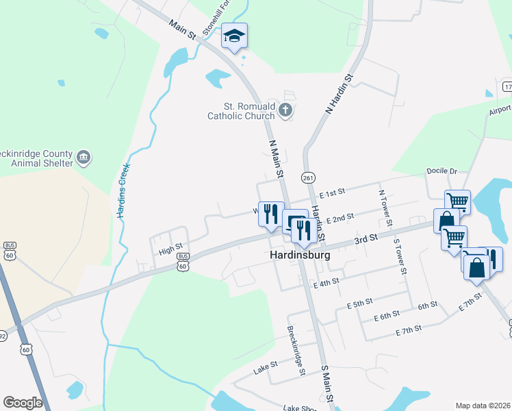 map of restaurants, bars, coffee shops, grocery stores, and more near 112-198 Breckinridge Street in Hardinsburg