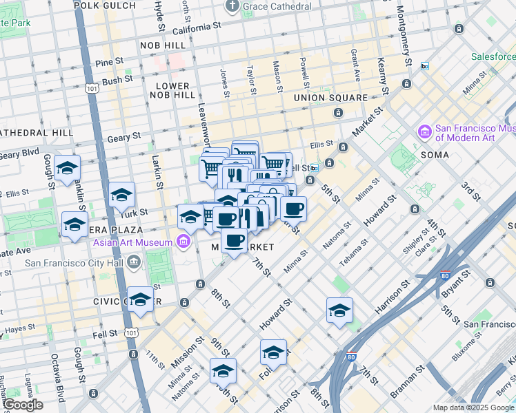 map of restaurants, bars, coffee shops, grocery stores, and more near 48 Golden Gate Avenue in San Francisco