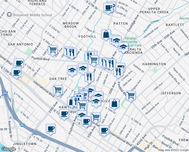 map of restaurants, bars, coffee shops, grocery stores, and more near 1808 Fruitvale Avenue in Oakland