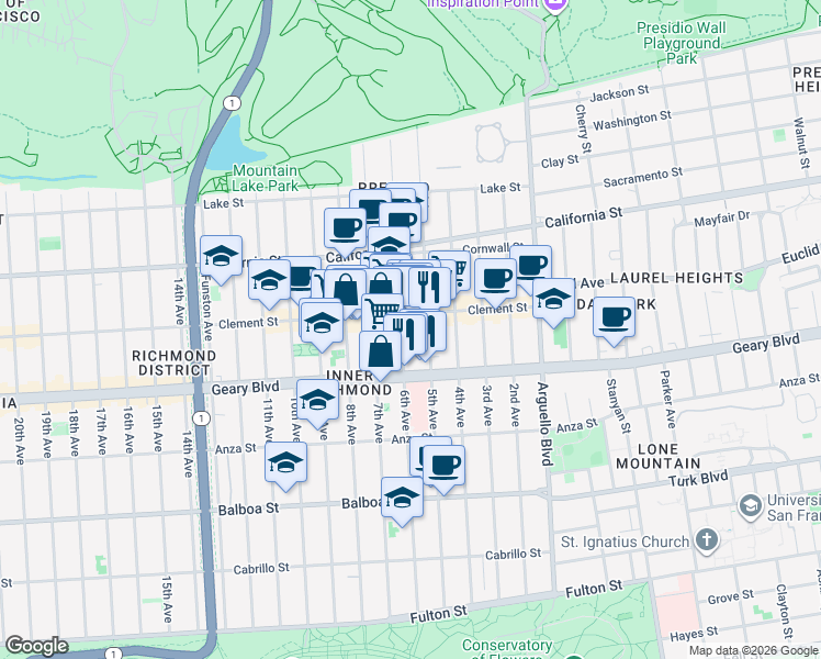 map of restaurants, bars, coffee shops, grocery stores, and more near 327 6th Avenue in San Francisco