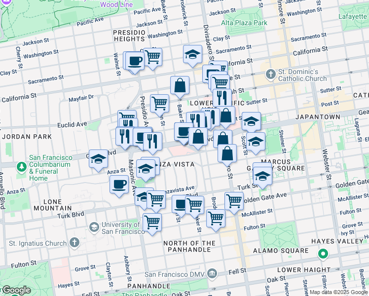 map of restaurants, bars, coffee shops, grocery stores, and more near 2425 Geary Boulevard in San Francisco