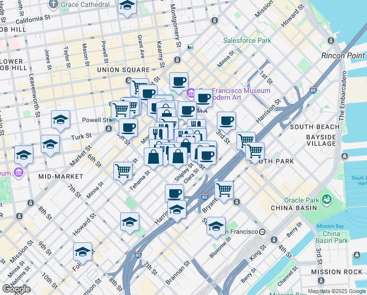 map of restaurants, bars, coffee shops, grocery stores, and more near 4th Street in San Francisco
