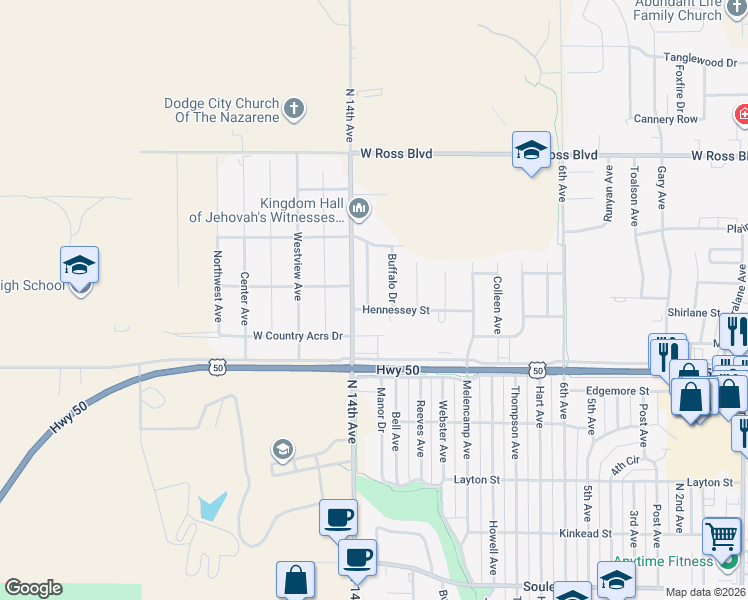 map of restaurants, bars, coffee shops, grocery stores, and more near 2706 Meadowlark Lane in Dodge City