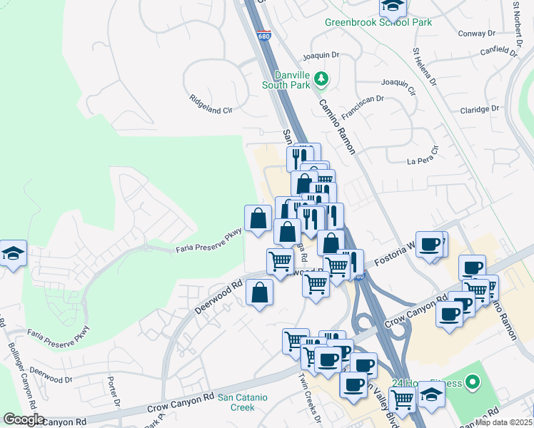 map of restaurants, bars, coffee shops, grocery stores, and more near 215 Purdue Road in San Ramon