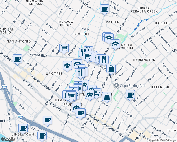 map of restaurants, bars, coffee shops, grocery stores, and more near 1808 Fruitvale Avenue in Oakland