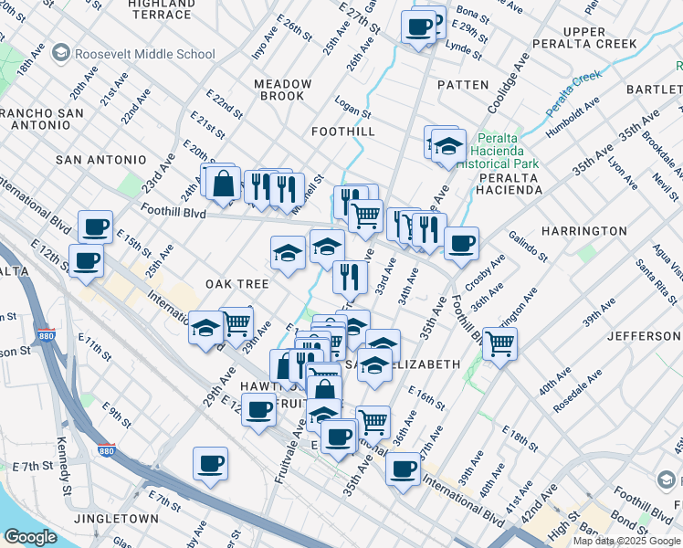 map of restaurants, bars, coffee shops, grocery stores, and more near 3031 East 18th Street in Oakland