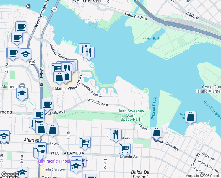 map of restaurants, bars, coffee shops, grocery stores, and more near 7 Redondo Court in Alameda