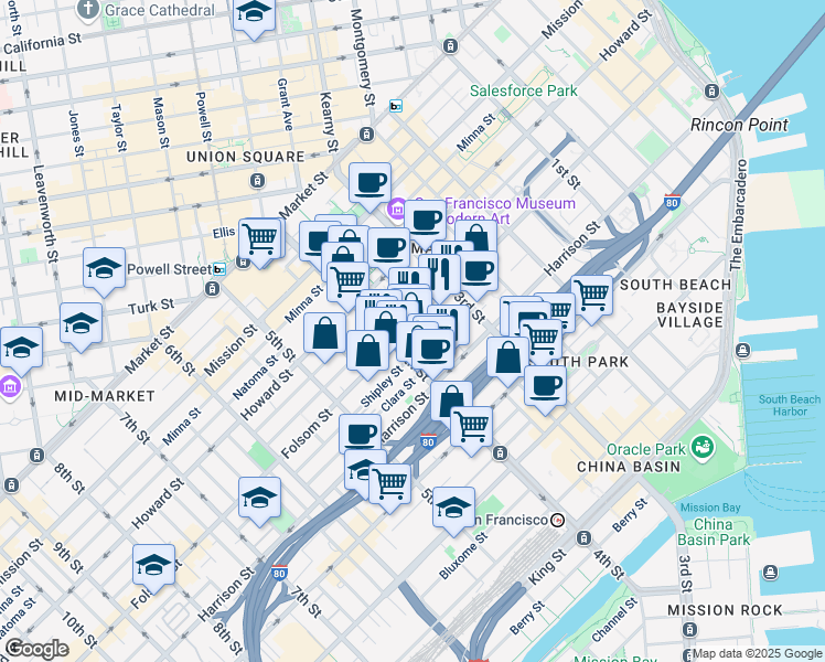 map of restaurants, bars, coffee shops, grocery stores, and more near 5490 Bonifacio Street in San Francisco